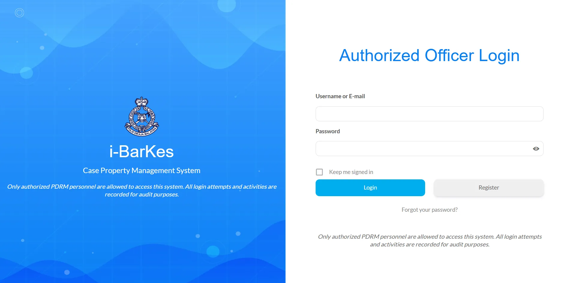 i-BarKes PDRM case property management system login page